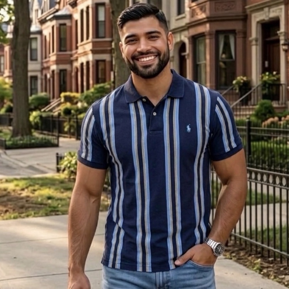 Polo by Ralph Lauren Navy Polo with Light Blue and White Vertical Stripes